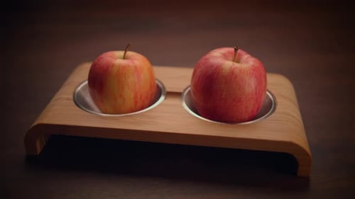 A Stunningly Beautiful Arrangement Showcasing Two Fresh Apples Placed Carefully on a Wooden Stand