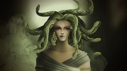 Geometric Medusa Figure with Animated Snake Hair Illustration