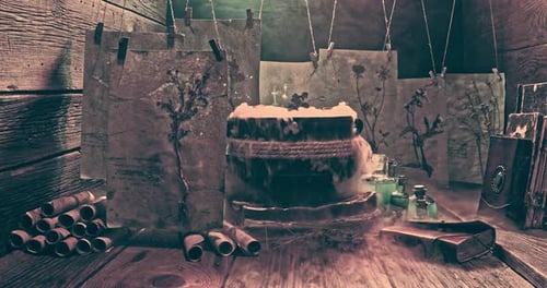 Spooky witcher cauldron with dried plants for Halloween.