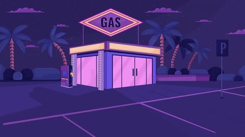 Gas station convenience store nighttime cartoon animation