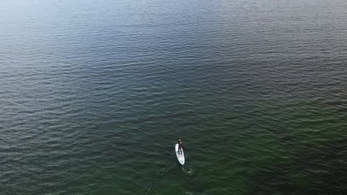 Drone footage of a SUP-boarder paddling on blue-green waters