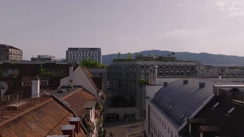 Forwards Fly Above Street Surrounded By Multistorey Houses in Urban Borough Modern Buildings with