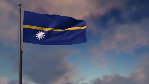 Realistic Waving Nauru National Flag Loop with Sky Background