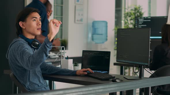 Software Programer Writing Code and Using Holographic Program with ...