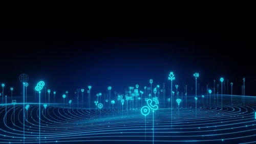 Futuristic Digital Network Grid with Glowing Technology Icons
