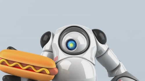 Cute 3D Animated Robot Holding a Hot Dog