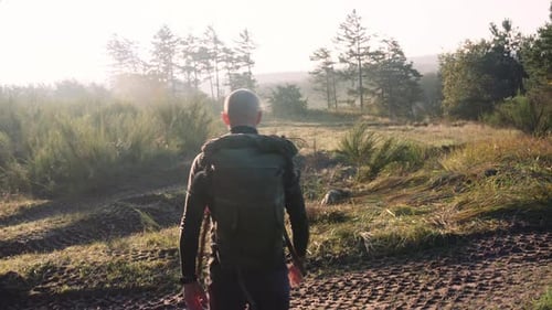 Man Walking Among Trees and Tall Grass in Soft Light of the Morning Sun