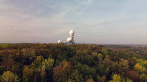 Calm aerial view flight pull in drone at autumn forest Radom at morning sunrise, devil's mountain in