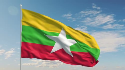 Myanmar National Flag Waving in Blue Sky Loop
