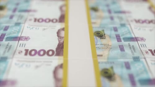 Close-Up of Ukrainian 1000 Hryvnia Banknotes in Printing Sheet Layout
