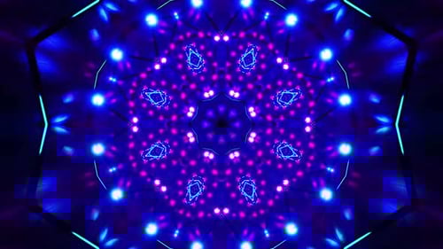 Dynamic kaleidoscope video with neon lights and geometric patterns