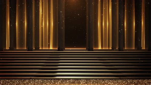 Lujoso escenario dorado, columnas brillantes, partículas brillantes, iluminación dramática para espectáculos de premios, lujo