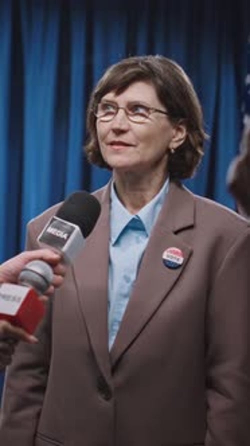 Reporters Interviewing Caucasian Female Republican Politician Running for Senate