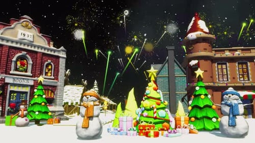 Festive Christmas Village Scene with Snowmen and Fireworks Animation