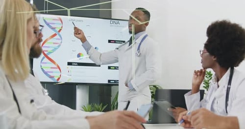 Doctors Presenting DNA Infographic in Modern Workplace