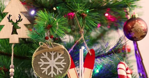 Christmas Tree Decorations with Lights Close Up