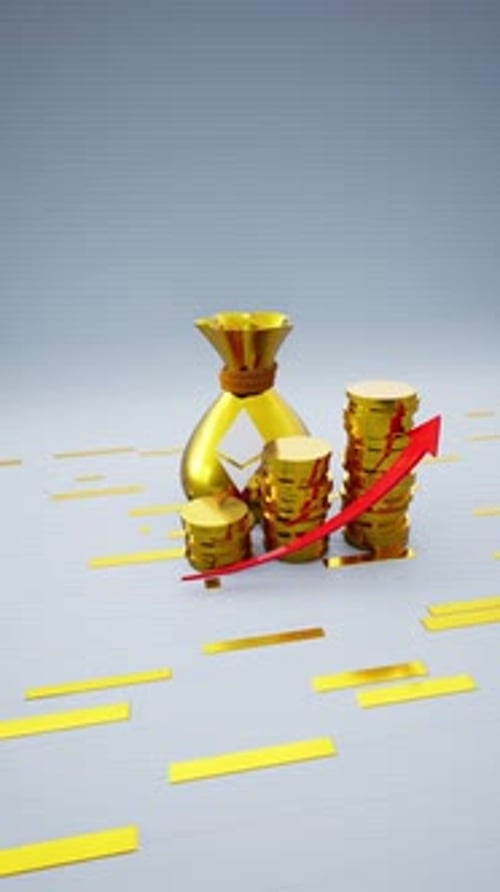 Vertical Golden Money Bag With A Ethereum Symbol And Increasing Coins Including Red Upward Arrow