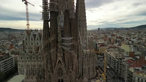 Aerial video above La Sagrada Familia Cathedral in Barcelona