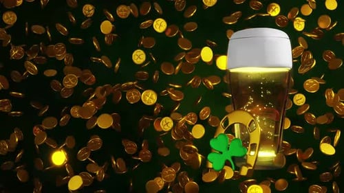 A glass of beer with animated bubbles and falling coins