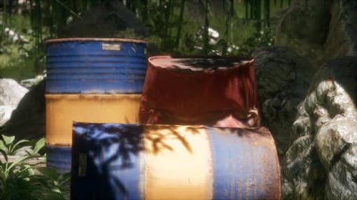 Rusty Barrels in Green Forest