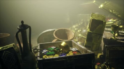 Chambre au trésor cachée, coffre de reliques illuminé doucement par une lumière chaude