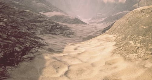 Desert Landscape Exhibits Vast Sandy Terrain Under Hazy Sky