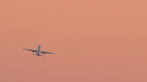 Airplane Taking Off in Pink Sunset Sky