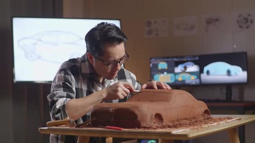 Asian Man Designer Walking Into The Studio To Sit Down And Work On The Sculpture Of Car Clay