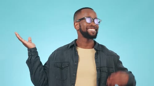 Option, balance and face of black man in a studio with choice, decision or confused expression