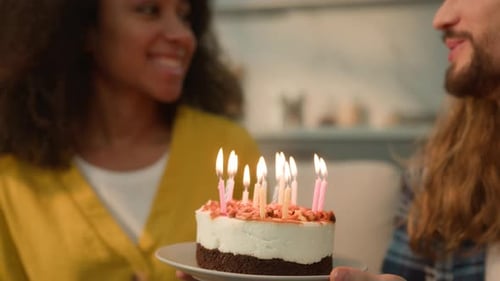 Happy Couple Multiracial Multiethnic Caucasian Man Guy Male Boyfriend Husband Hold Cake Celebrate