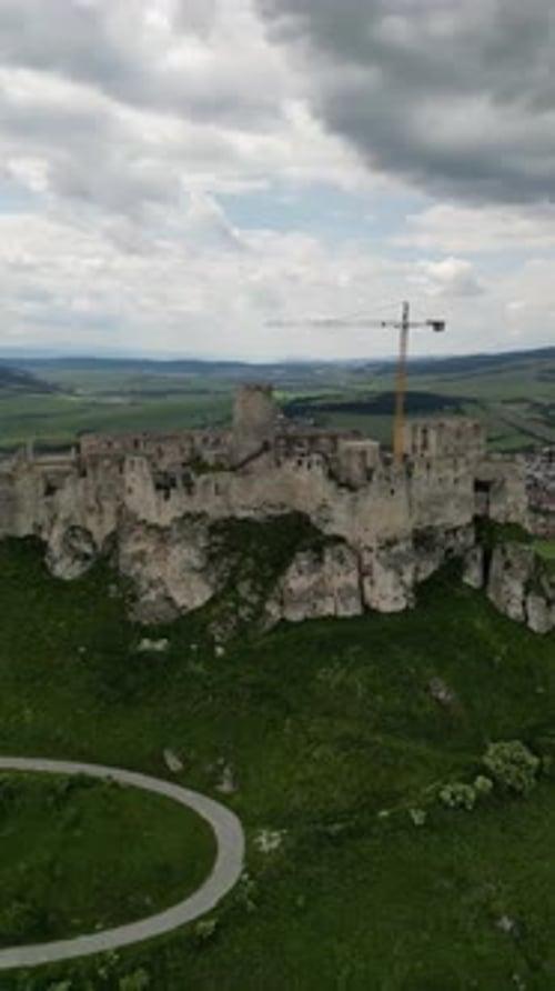 Aerial view of Spis Castle and geoglyph, a UNESCO World Heritage Site, Slovakia