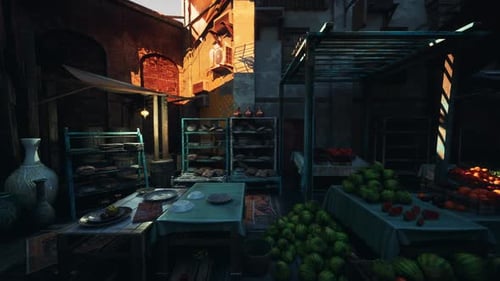 Animated 3D Market Stall with Fruits and Bread