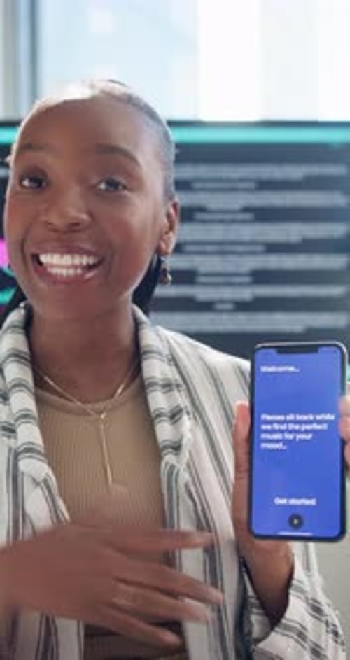 Business woman, presentation and phone screen with app, software development or meeting at office