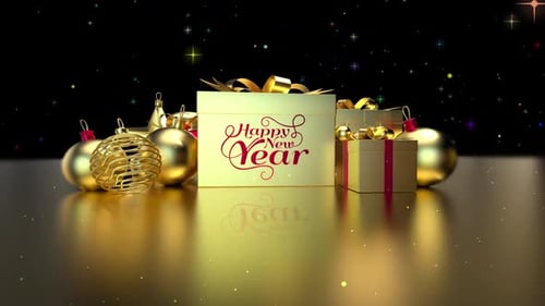 Elegant Happy New Year Title Reveal with Golden Gifts and Ornaments