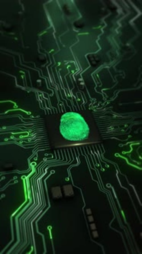 Fingerprint on Green Circuit Board on a Microchip Circuit Board Digital Identity Biometric Security