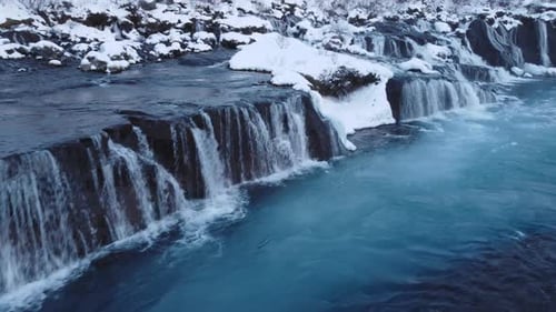 Winter Waterfall Snow River Ice Iceland Frozen Cold Water Blue Aerial Landscape