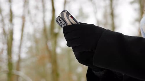 Young Woman In Gloves In The Park Uses The Phone. Walk Through The Winter Forest.