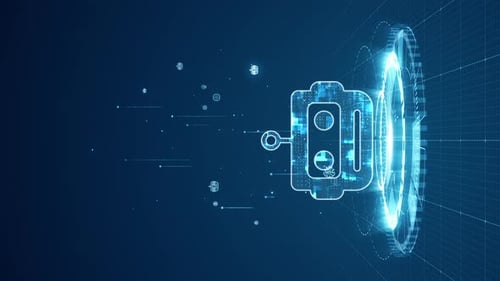 Blue digital robot head logo and circle futuristic HUD with Ai chatbot and machine learning