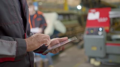 Engineer Hands Man Worker Heavy Industry Plant Factory Tablet Pipe Manufacture Machinery