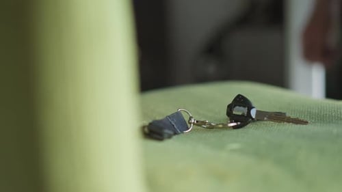 Man Takes Car Key From Green Soft Chair and Leaves Room