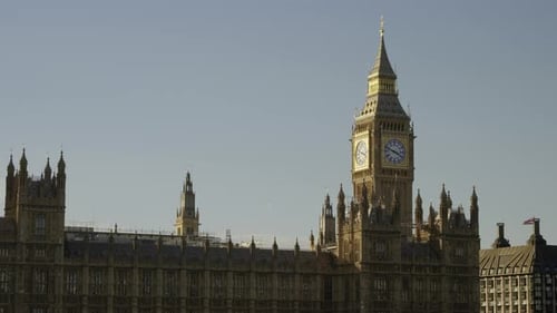 Big Ben and the Houses of Parliament on a sunny day, with a clear blue sky. Static zoom.