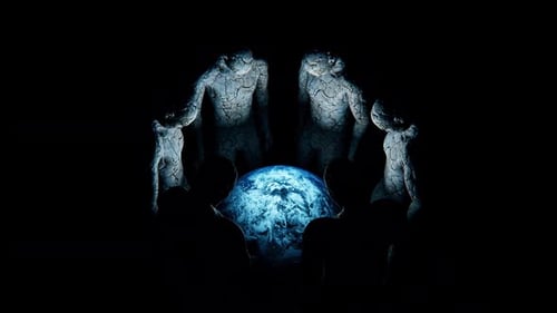 Stone Figures Observe Glowing Earth Motion Graphic
