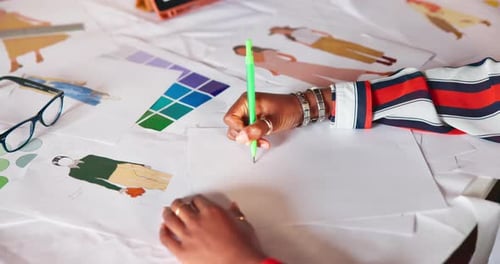 Hands, creative drawing and fashion design at office workstation for clothes or style closeup