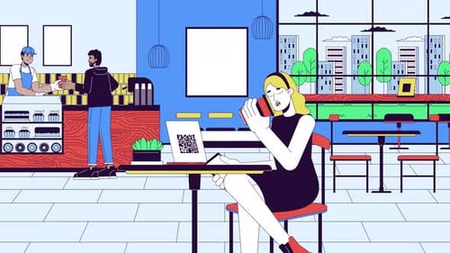 Flat Design Animation of QR Code Mobile Payment in Cafe