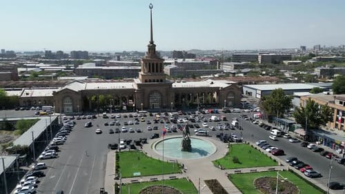 High angle view of historic main Railway Station in Yerevan, Armenia