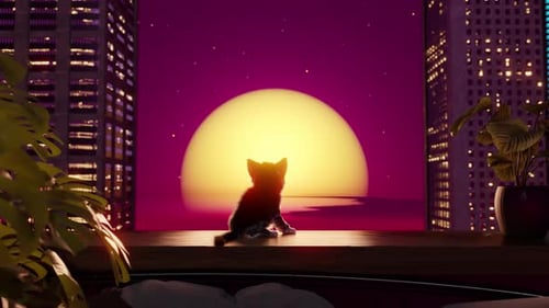 The Cat is Sitting on the Balcony at Sunset Seamless Looped 3d Stylized Animation