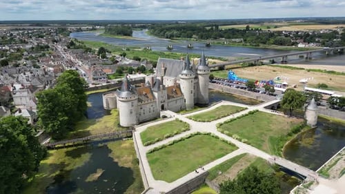 Aerial view of Chateau de Sully-sur-Loire, Loire Valley, France.