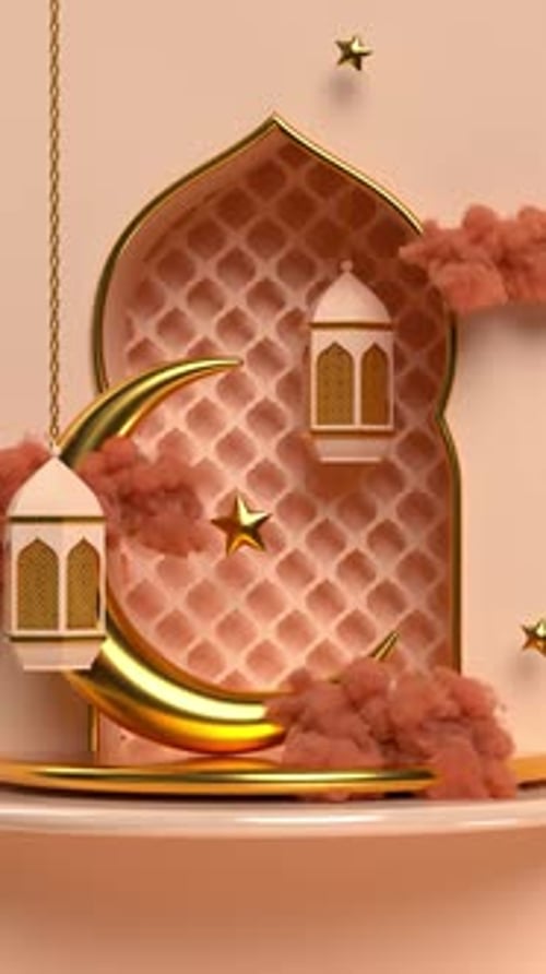 Golden Crescent Moon and Lanterns for Islamic Celebrations