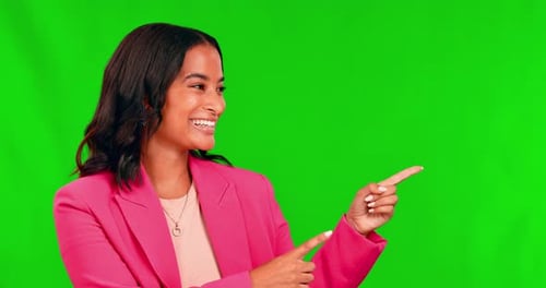 Business woman, green screen and face with hands pointing to mockup space for announcement