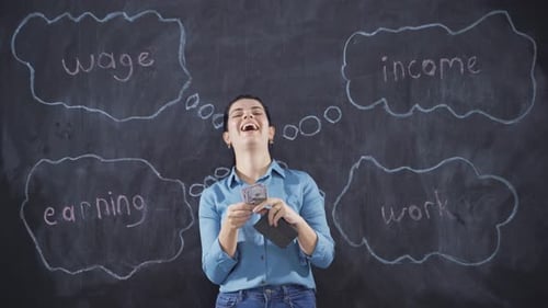 Woman Counts Money near Chalkboard
